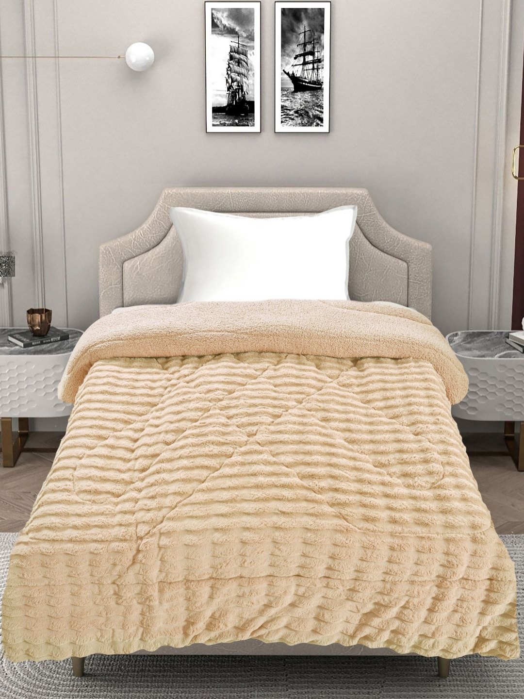 

FABINALIV Beige Striped Woollen Heavy Winter Single Bed Quilt