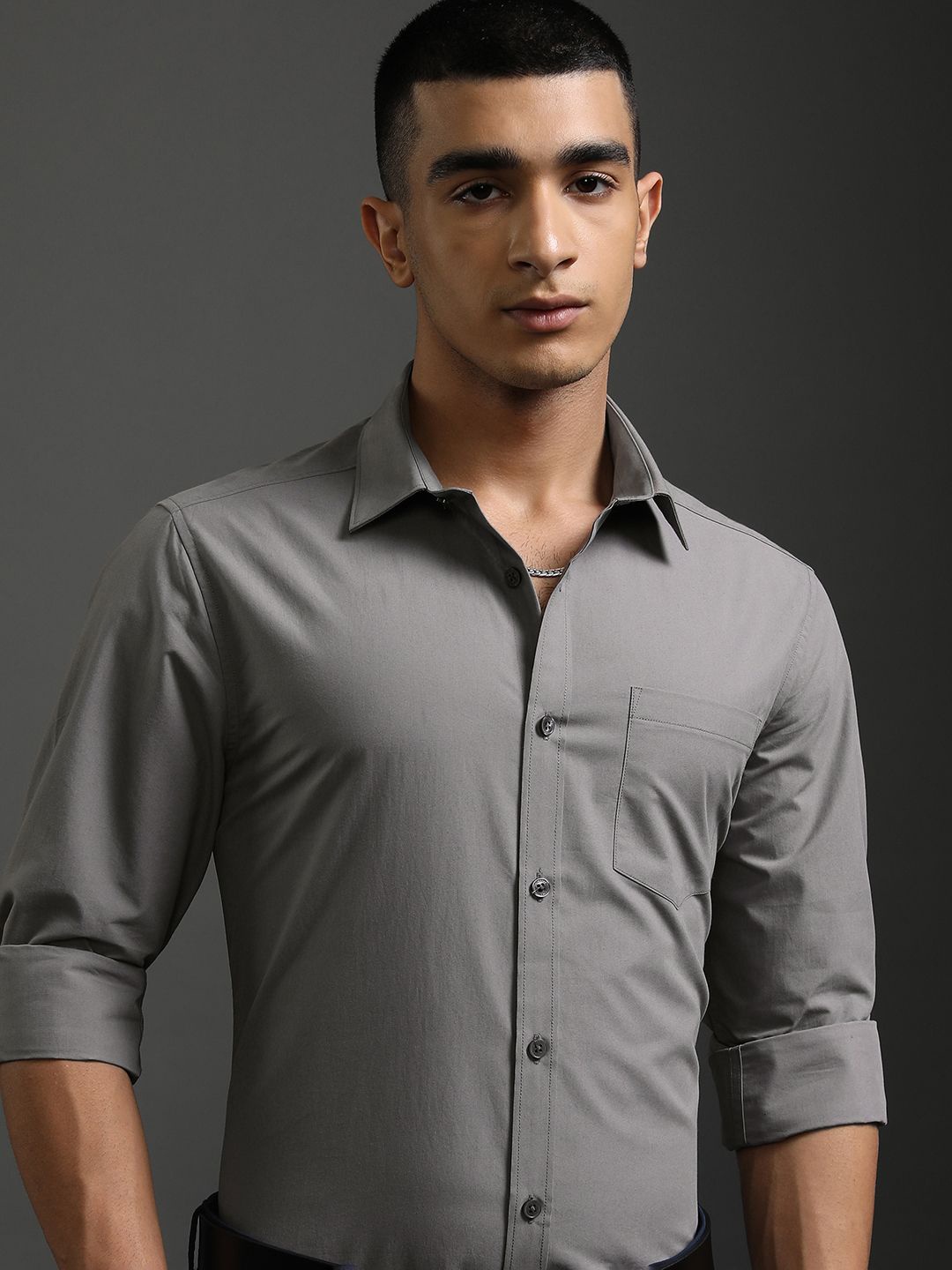 

HIGHLANDER Men Spread Collar Solid Cotton Slim Fit Formal Shirt, Grey
