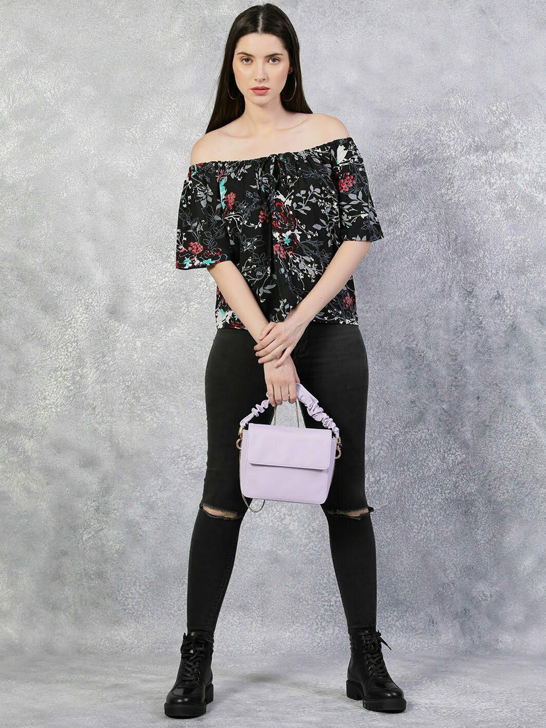

THE BLACK LOVER Women Pure Cotton Floral Printed Cotton Bardot Top