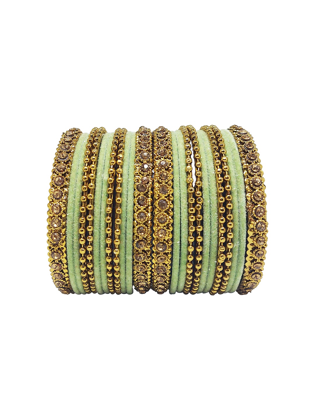 

CHRISHAN Set Of 24 Stones Studded Ball Chain Fabric Bangles, Lime green