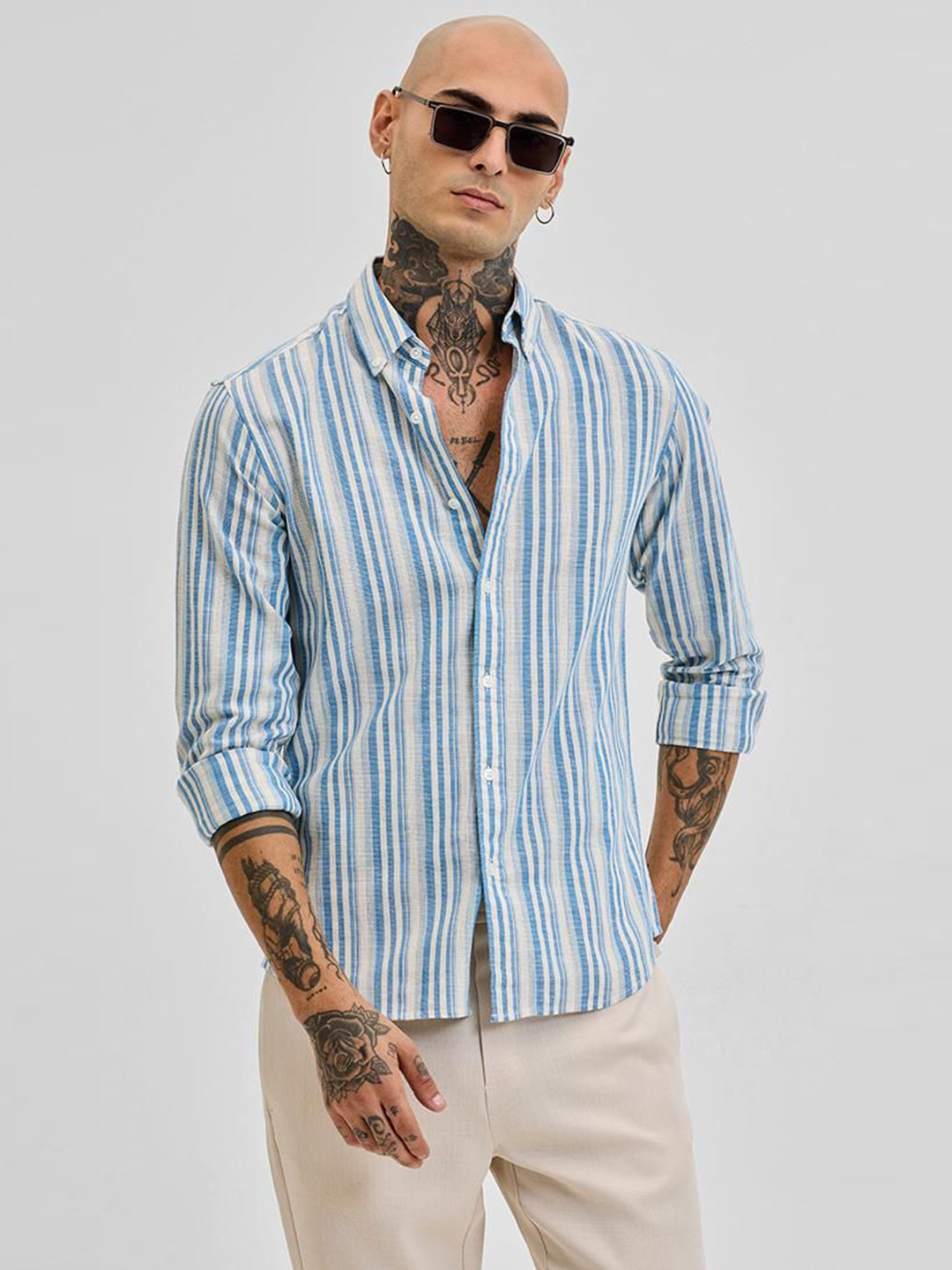 

Snitch Men Smart Button-Down Collar Vertical Striped Cotton Casual Shirt, Blue