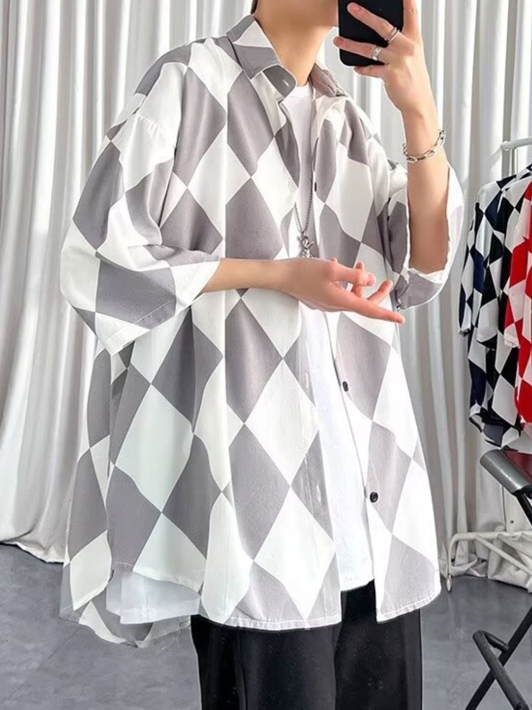 

HERE&NOW Men Original Geometric Printed Oversized Casual Shirt, White