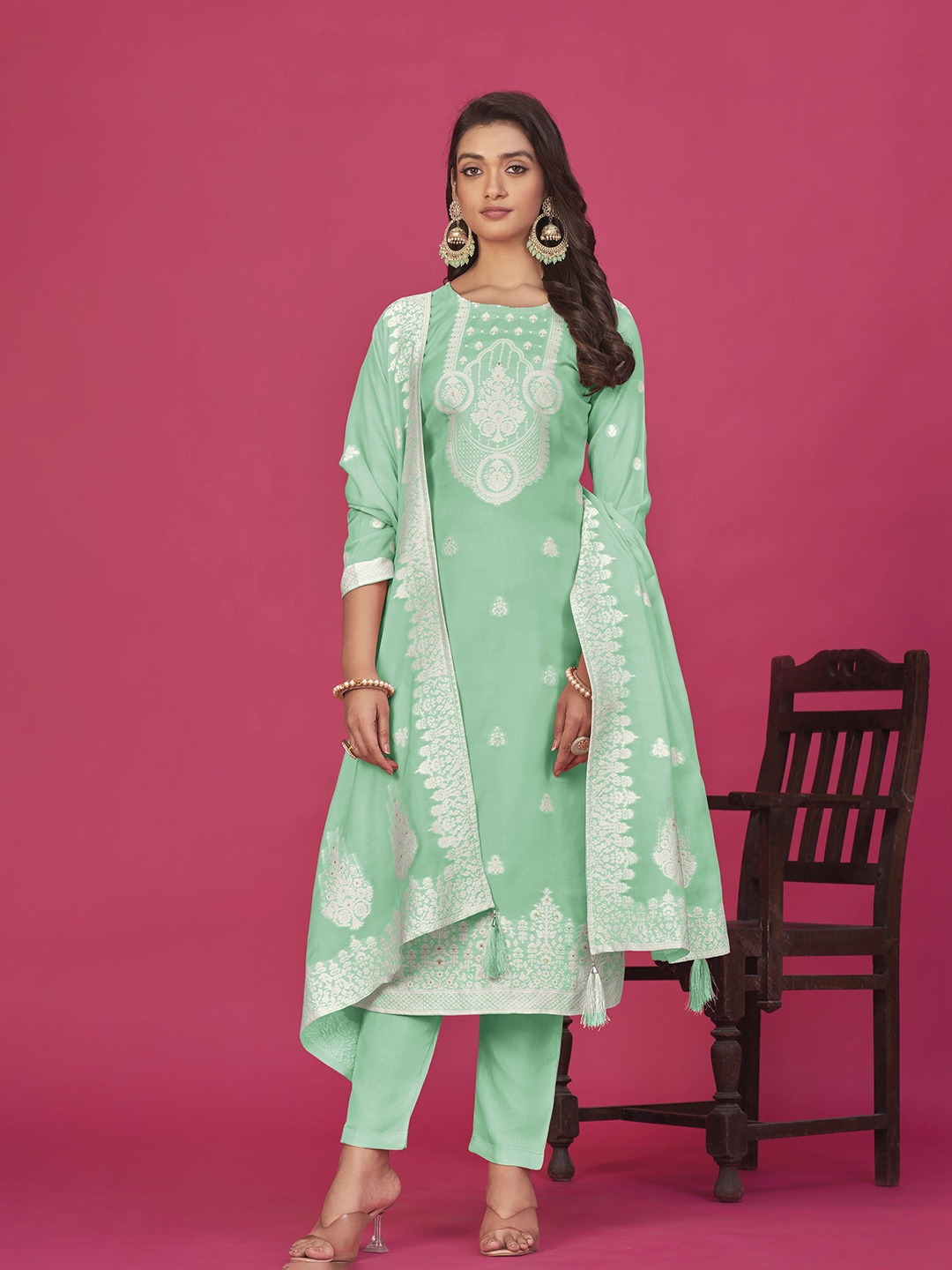 

KSM PRINTS Floral Embroidered Organza Unstitched Dress Material, Sea green