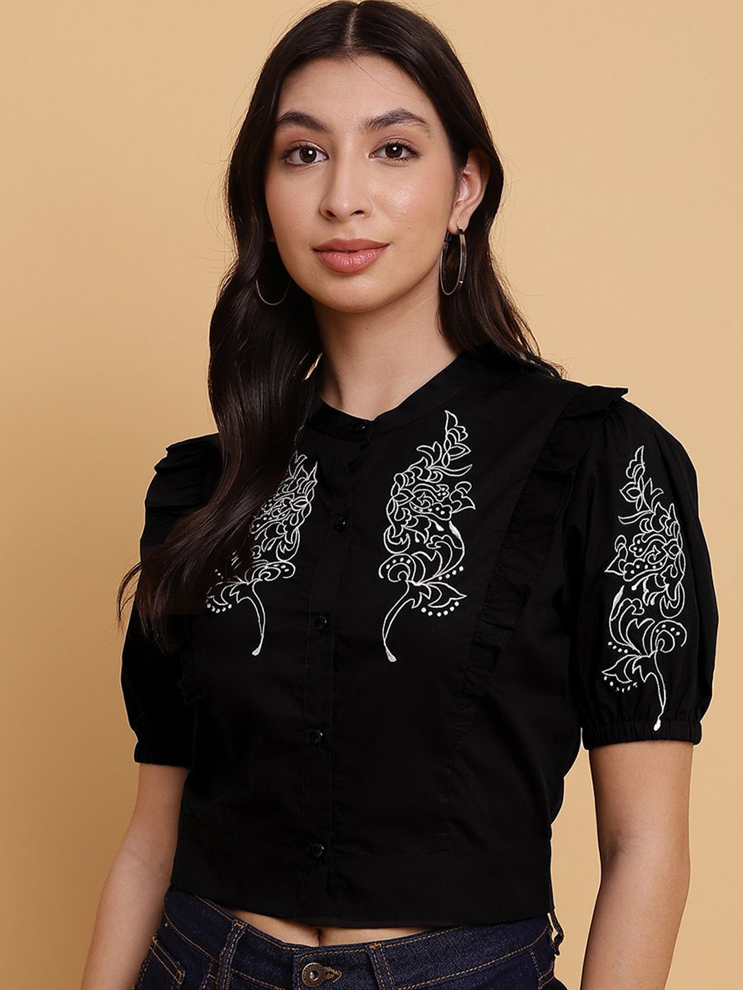 

Sands of India Women Floral Printed Cotton Shirt Style Top, Black