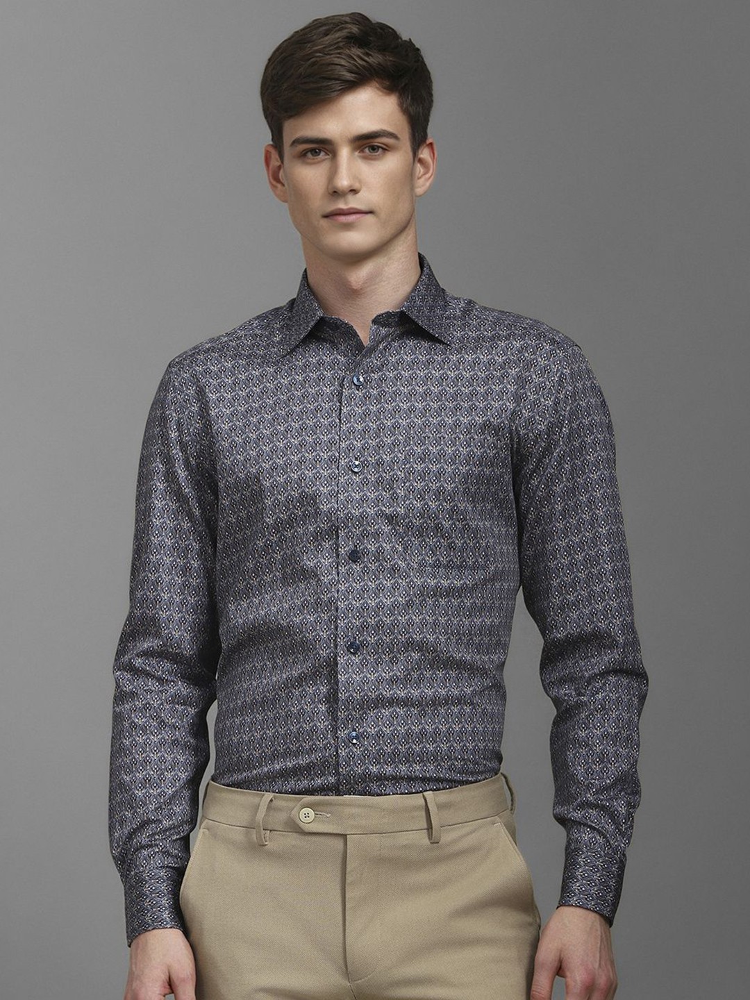 

Louis Philippe Men Classic Spread Collar Abstract Printed Slim Fit Cotton Formal Shirt, Blue