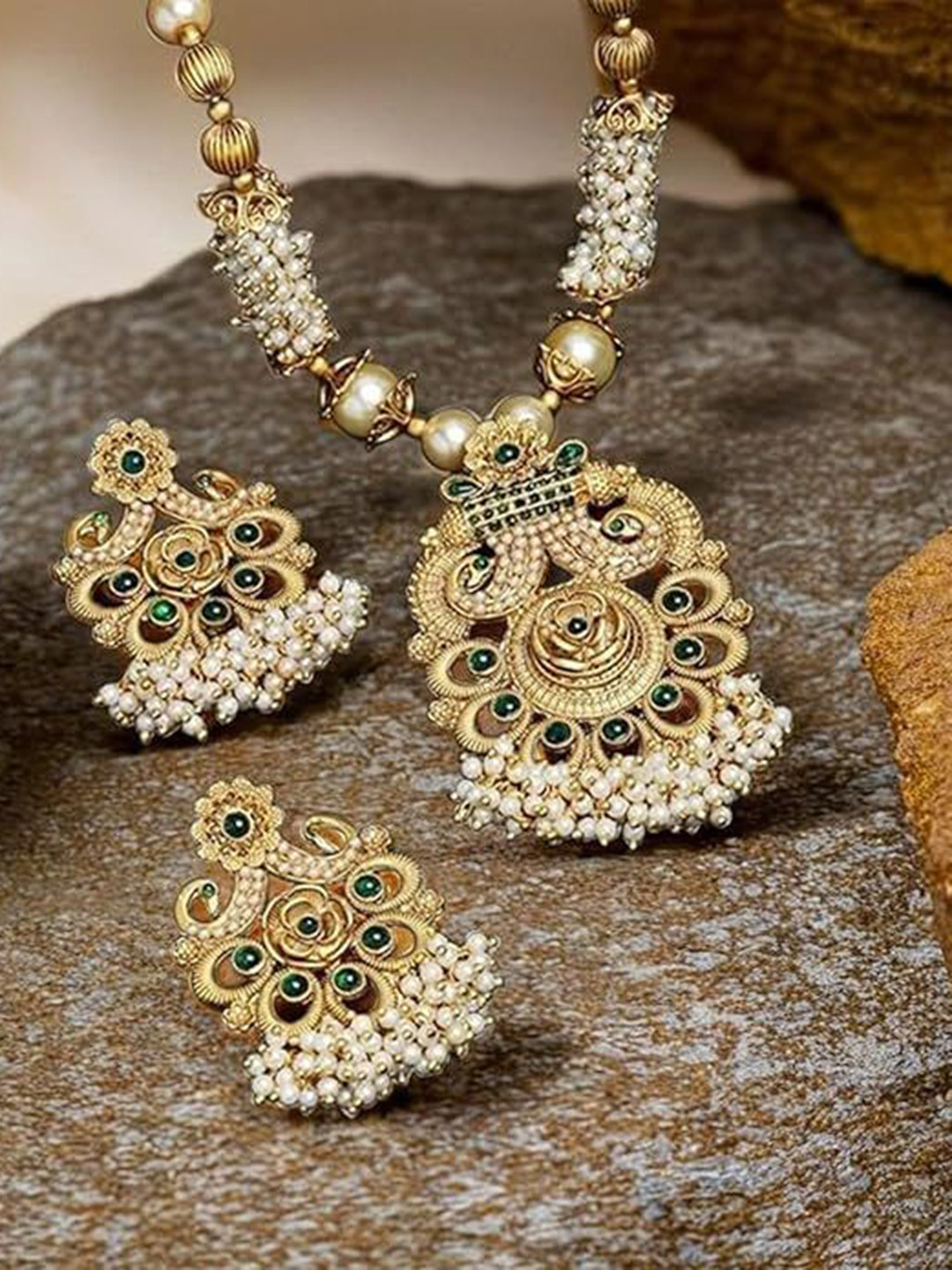 

ORANGENYSHA Gold-Plated Stone-Studded & Beaded Peacock Theme Temple Jewellery Set