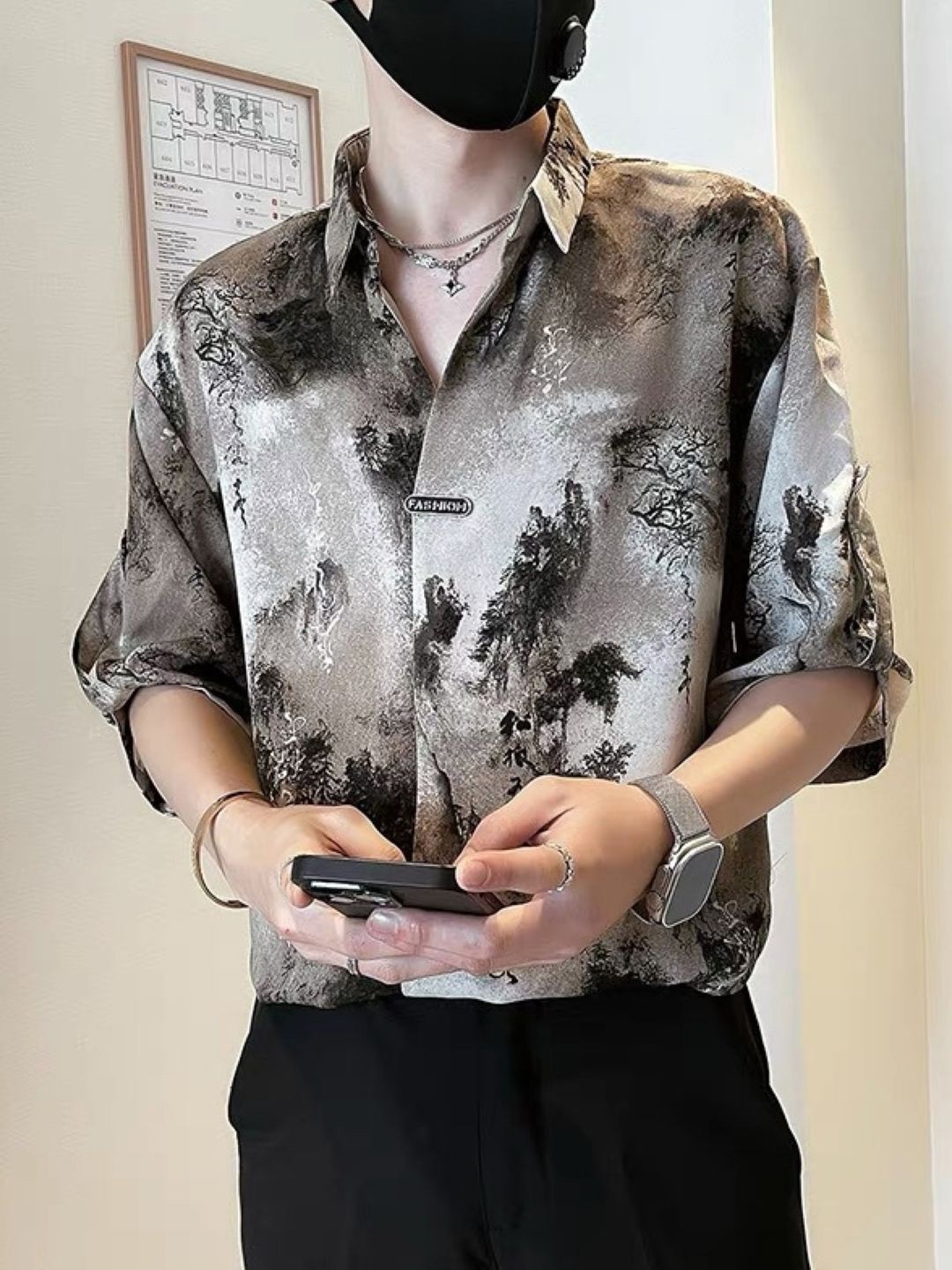 

HERE&NOW Men Original Tropical Printed Oversized Casual Shirt, Grey