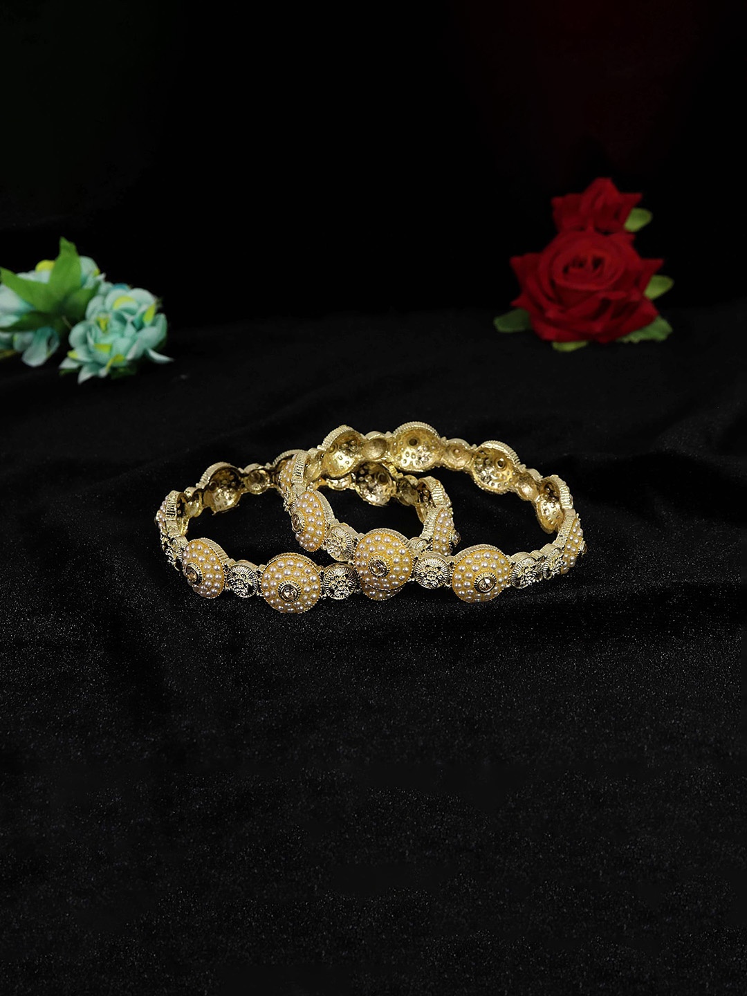 

ZULKA Set of 2 Metal White Pearls Moti & Zircon Stone Pacheli Bangles, Gold