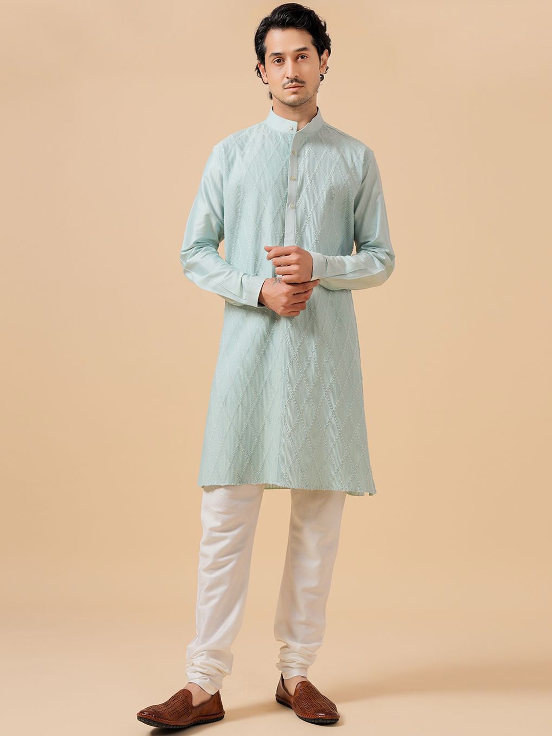 

RR Blue Geometric Printed Band Collar Straight Raw Silk Kurta