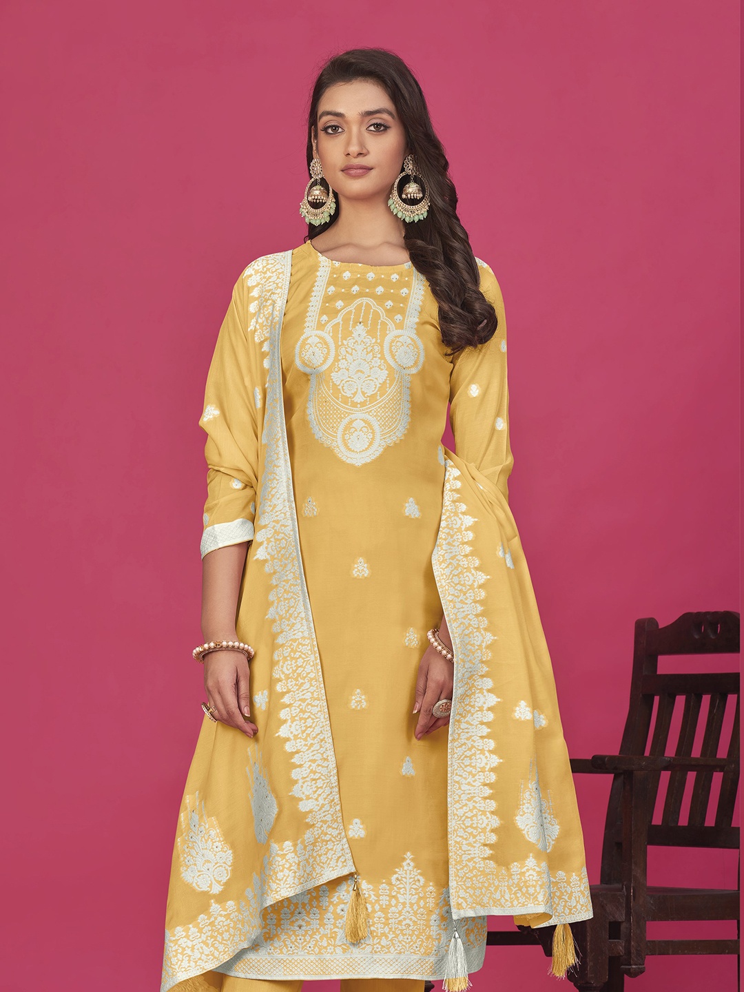 

KSM PRINTS Floral Embroidered Organza Unstitched Dress Material, Yellow