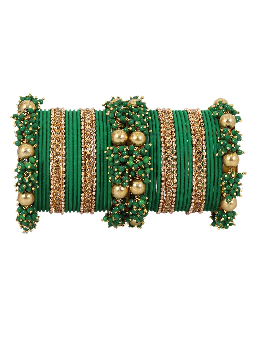 

ZULKA Set of 42 Base Metal and Zircon Gemstone with Pearls Studded Matte Bangles, Green