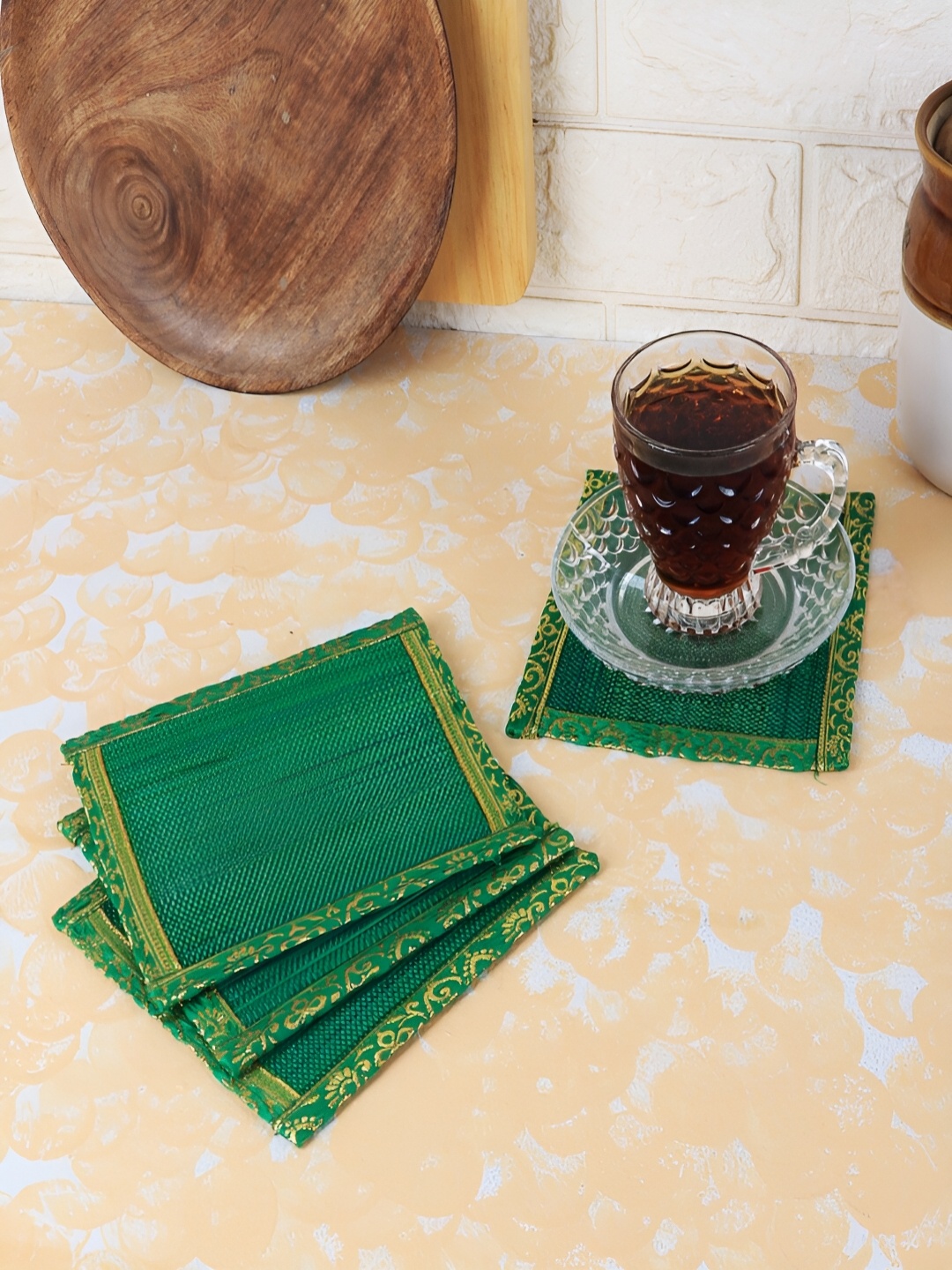 

Silpakarman Light-Green 4 Pieces Patterned Bamboo Sticks & Cotton Threads Square Coasters, Lime green