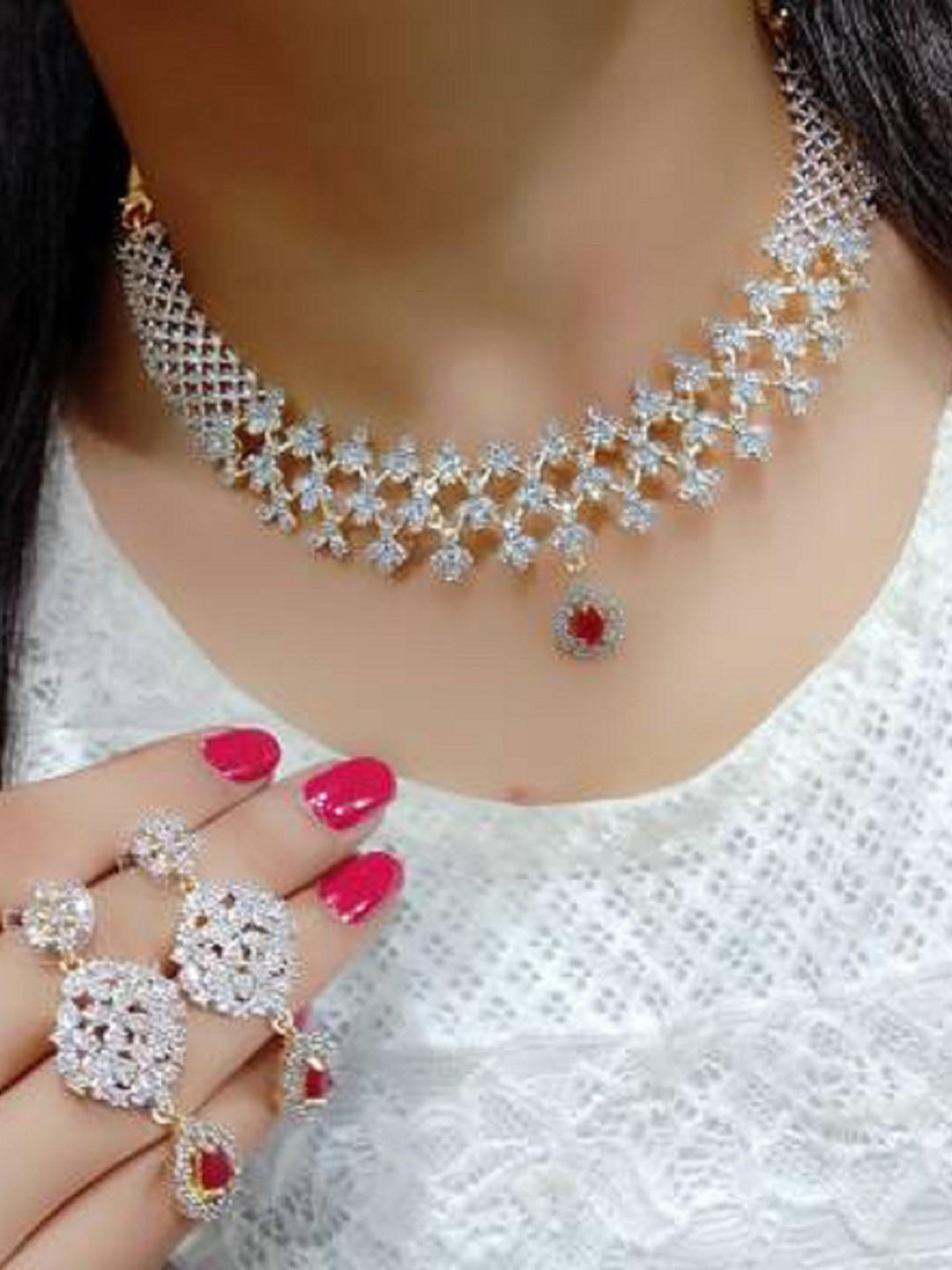 

SUNHARI Gold-Plated Artificial Stone Studded Necklace and Earrings, Pink