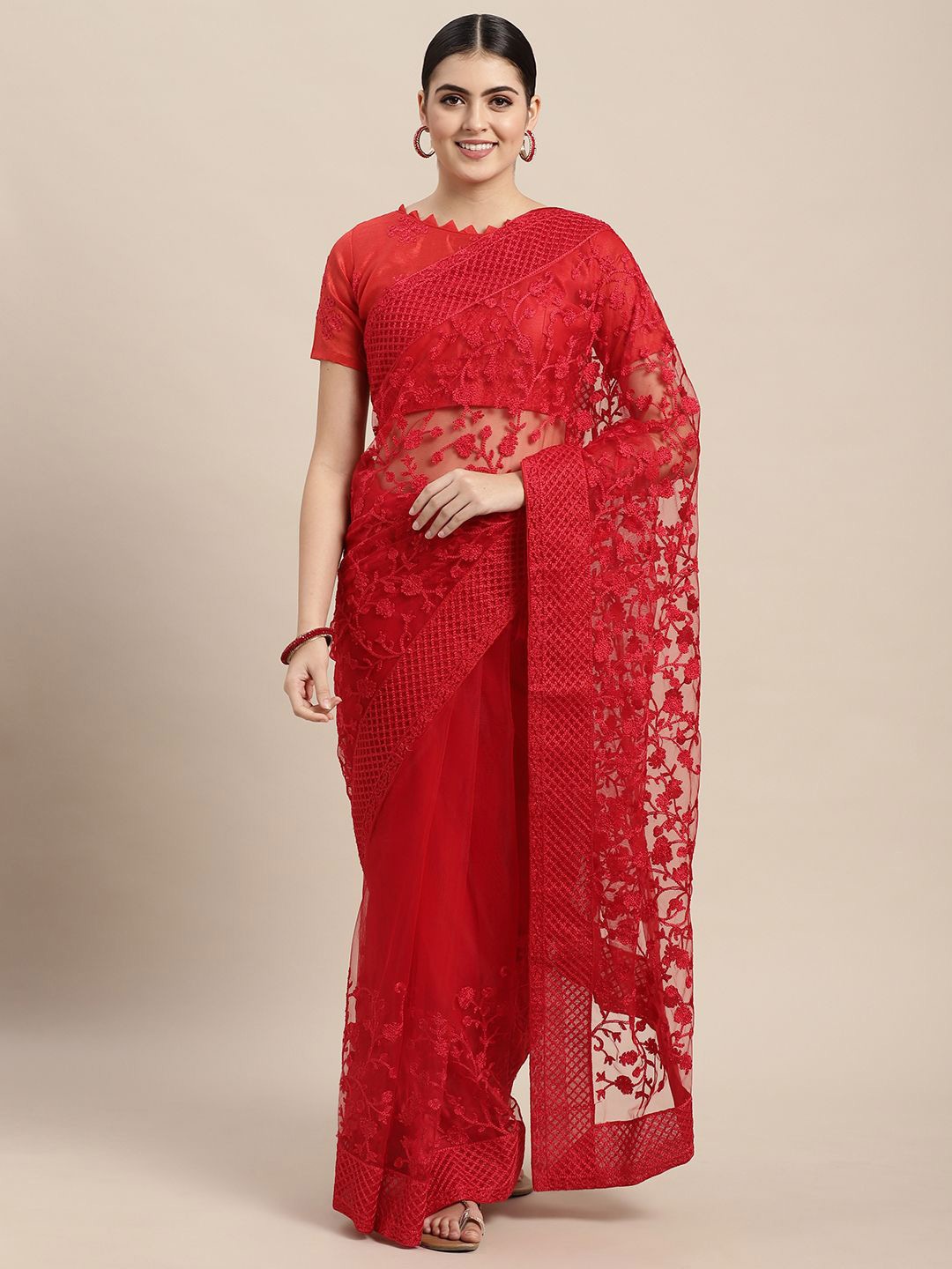 

HERE&NOW Floral Embroidered Net Saree, Red