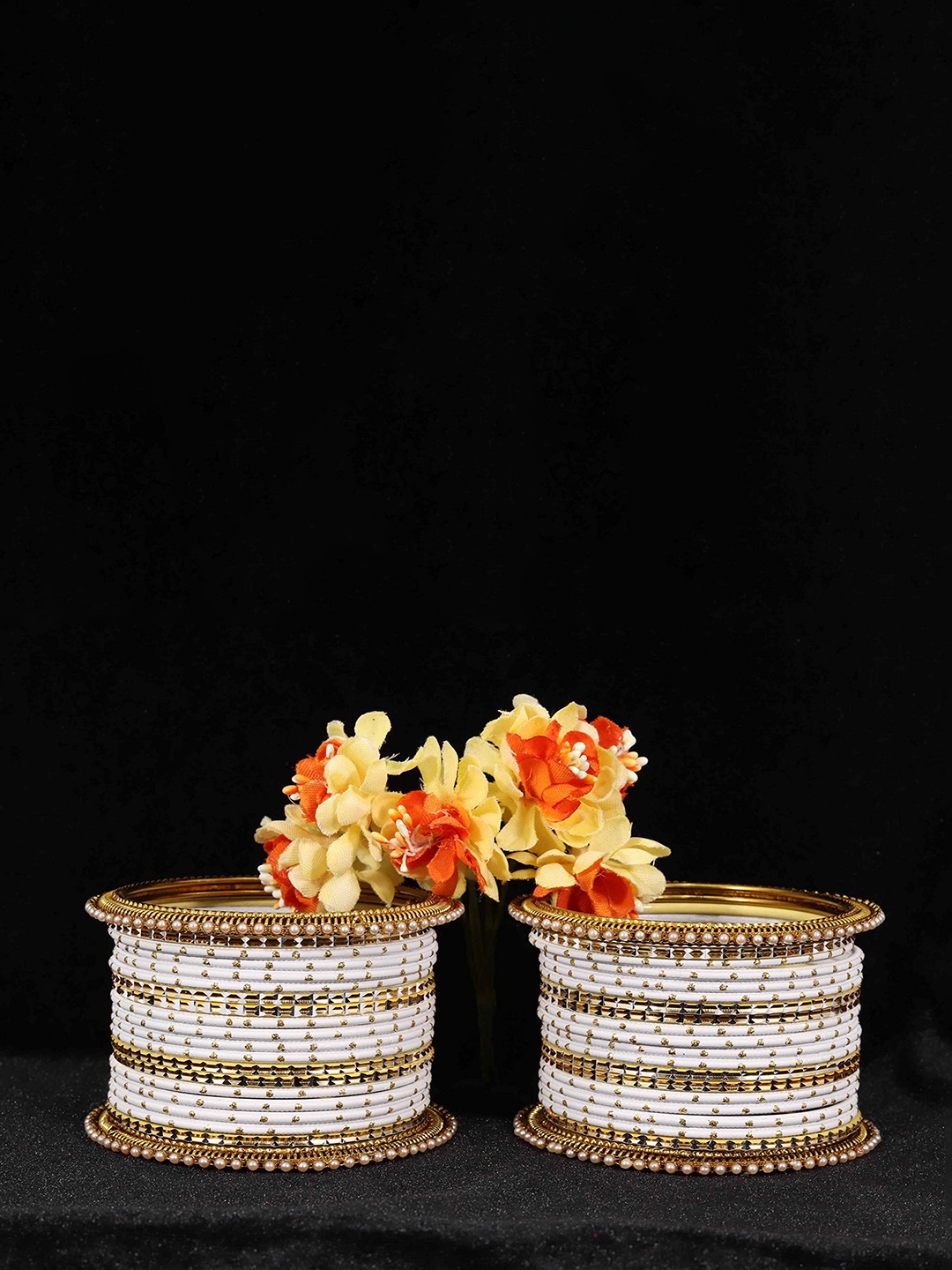 

ZULKA Set of 34 Alloy Artificial Stones and Beads Studded Bangles, White