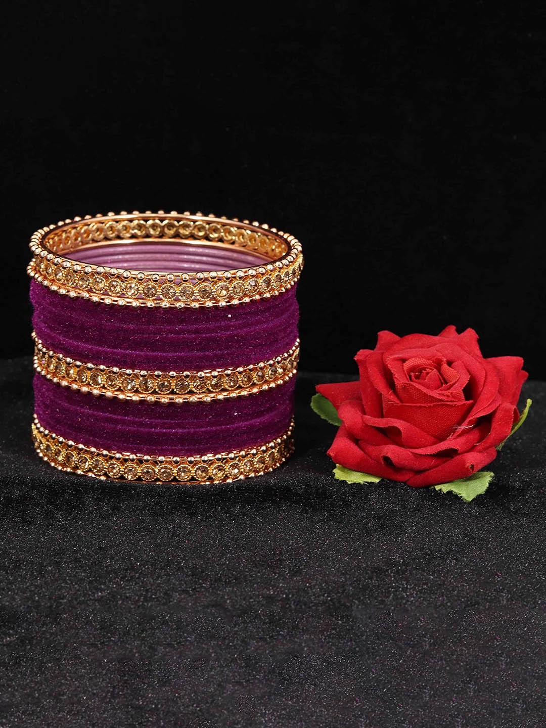 

ZULKA Set Of 40 Pearls and Zari Dotted Traditional Metal Bangle, Violet