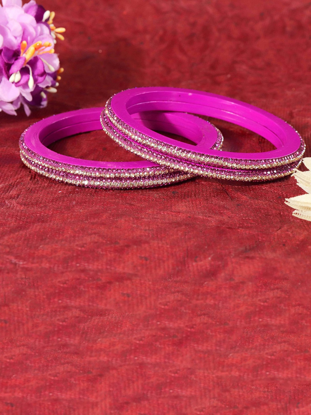 

ZULKA Pack of 4 Zircon Diamond Stone Traditional Lac Bangles, Fuchsia