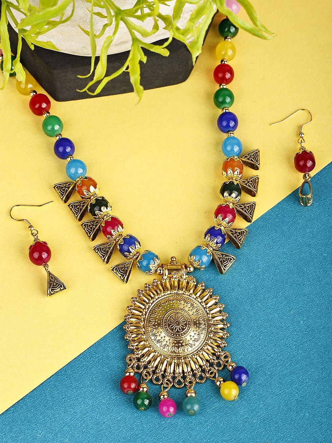 

SUNHARI Beaded Necklace & Earrings, Gold