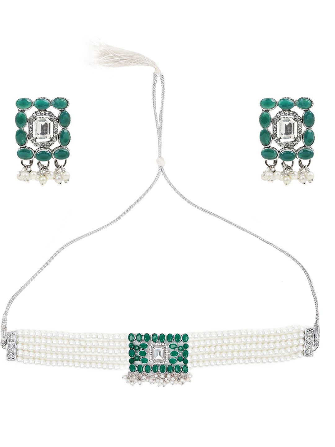 

SUNHARI Stone-Studded Jewellery Set, Silver