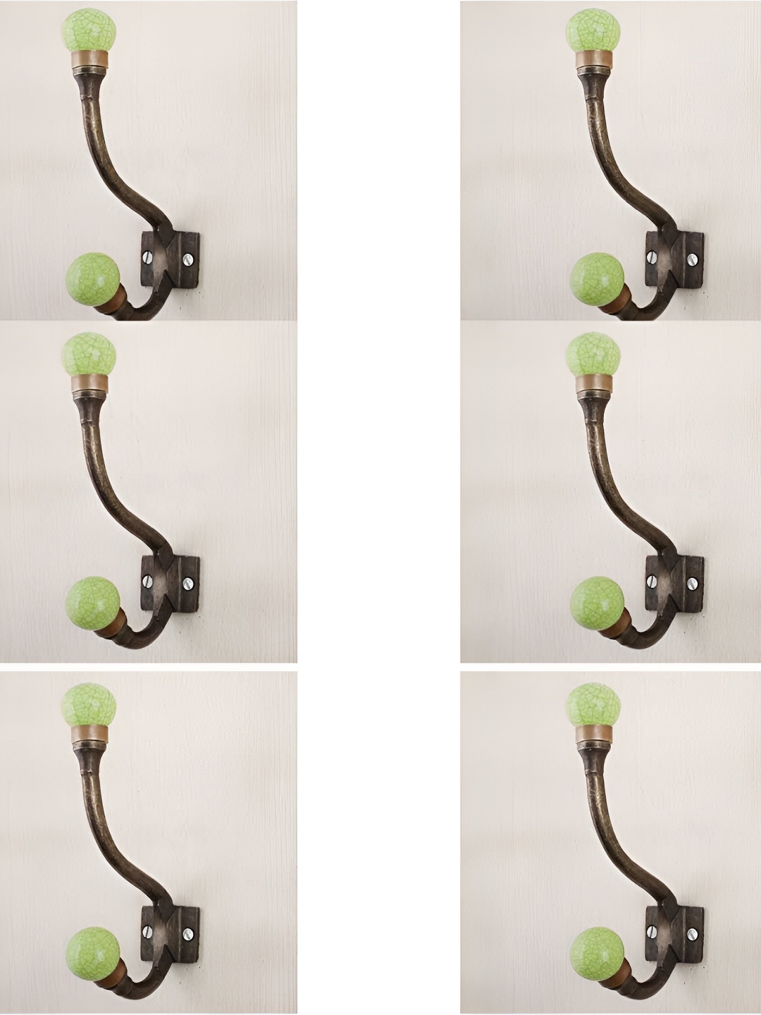 

IndianShelf Green & Bronze 6 Pieces Crackle Printed Ceramic Wall Hooks