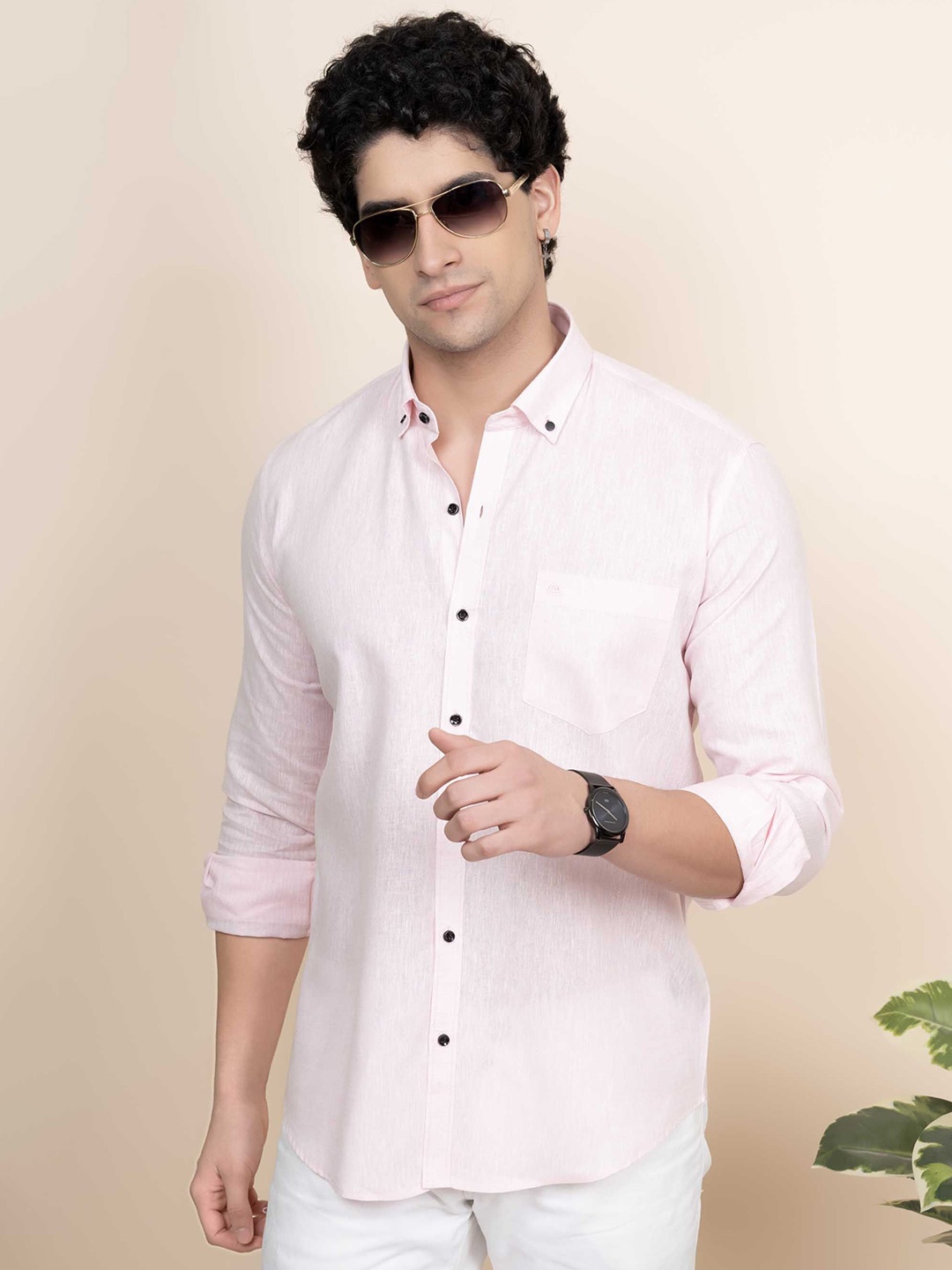 

ALMATY Men Comfort Button-Down Collar Solid Linen Casual Shirt, Pink