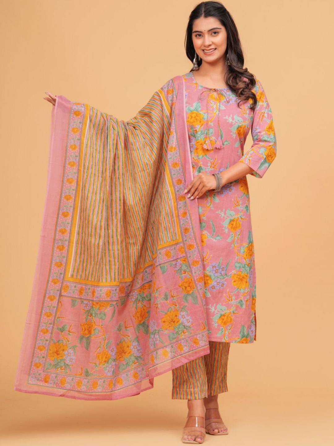 

BAESD Floral Printed Tie-Up Neck Straight Kurta With Trousers & Dupatta, Peach