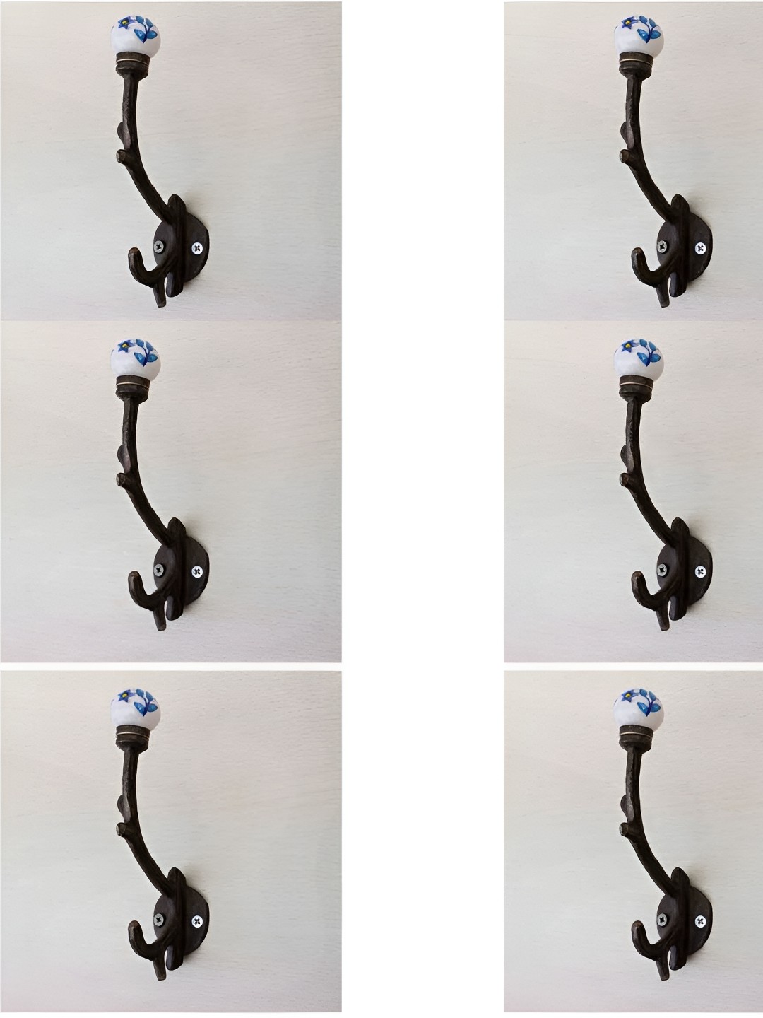 

IndianShelf Black & White 6 Pieces FLoral Printed Ceramic Wall Hooks