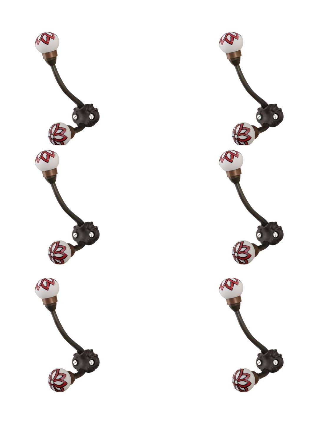 

IndianShelf Red & White 6 Pieces Ceramic Floral Wall Hooks