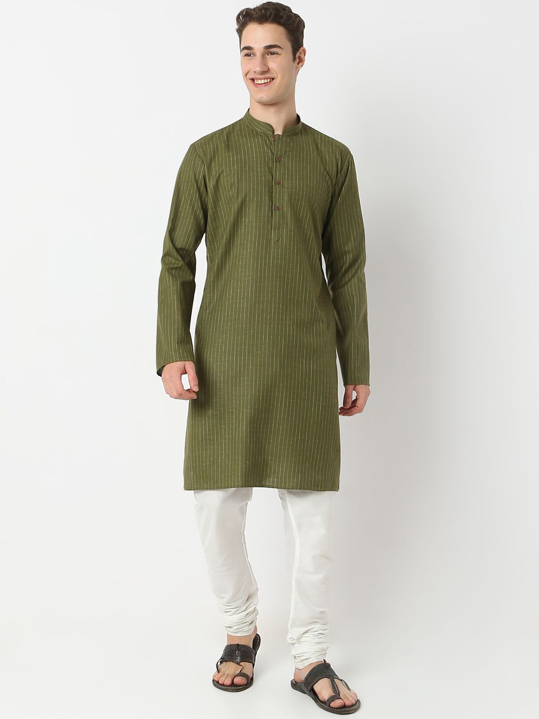 

BELLAZO Striped Mandarin Collar Cotton Straight Kurta, Olive