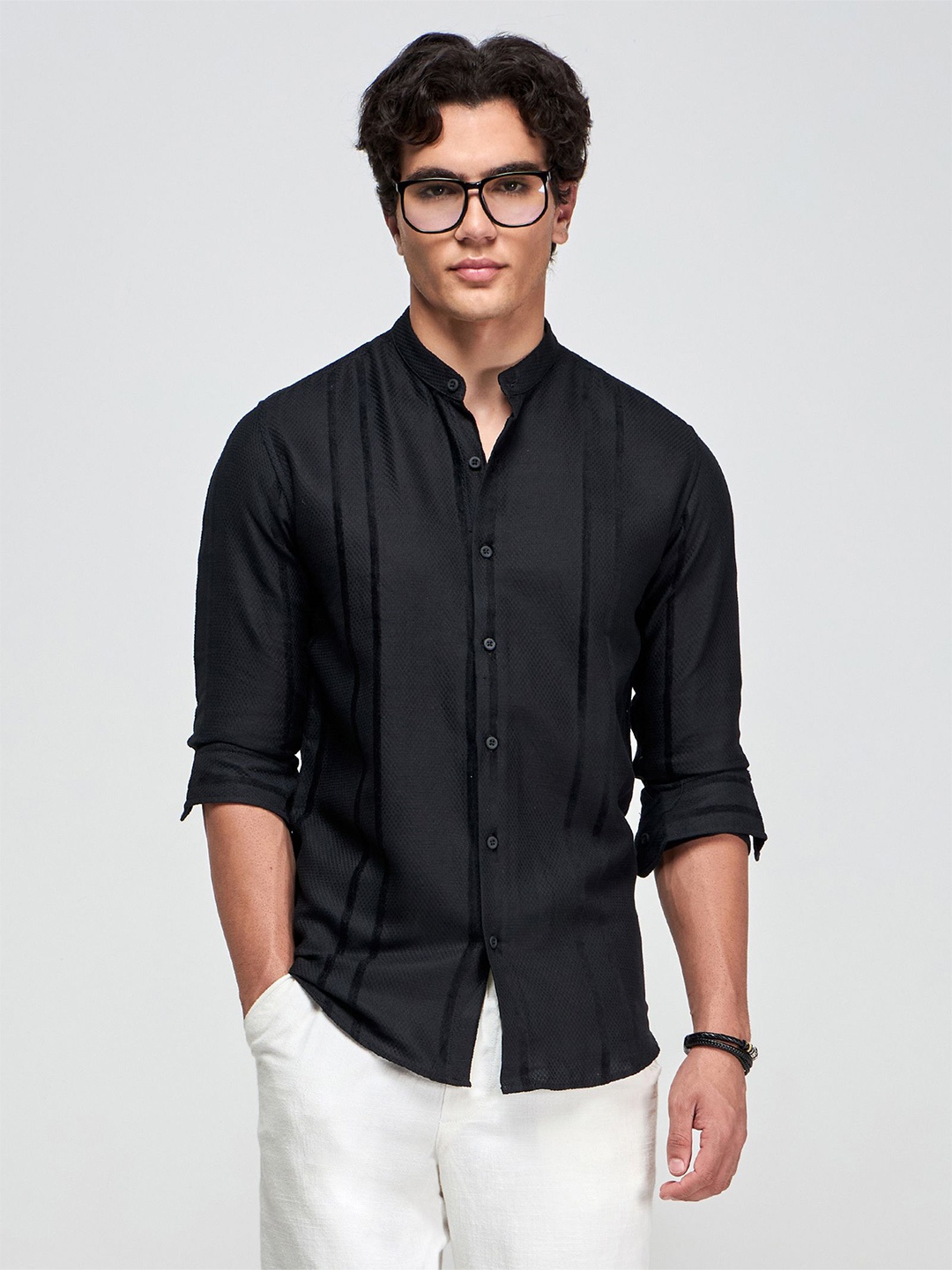 

Red Flame Men Mandarin Collar Solid Cotton Linen Casual Shirt, Black