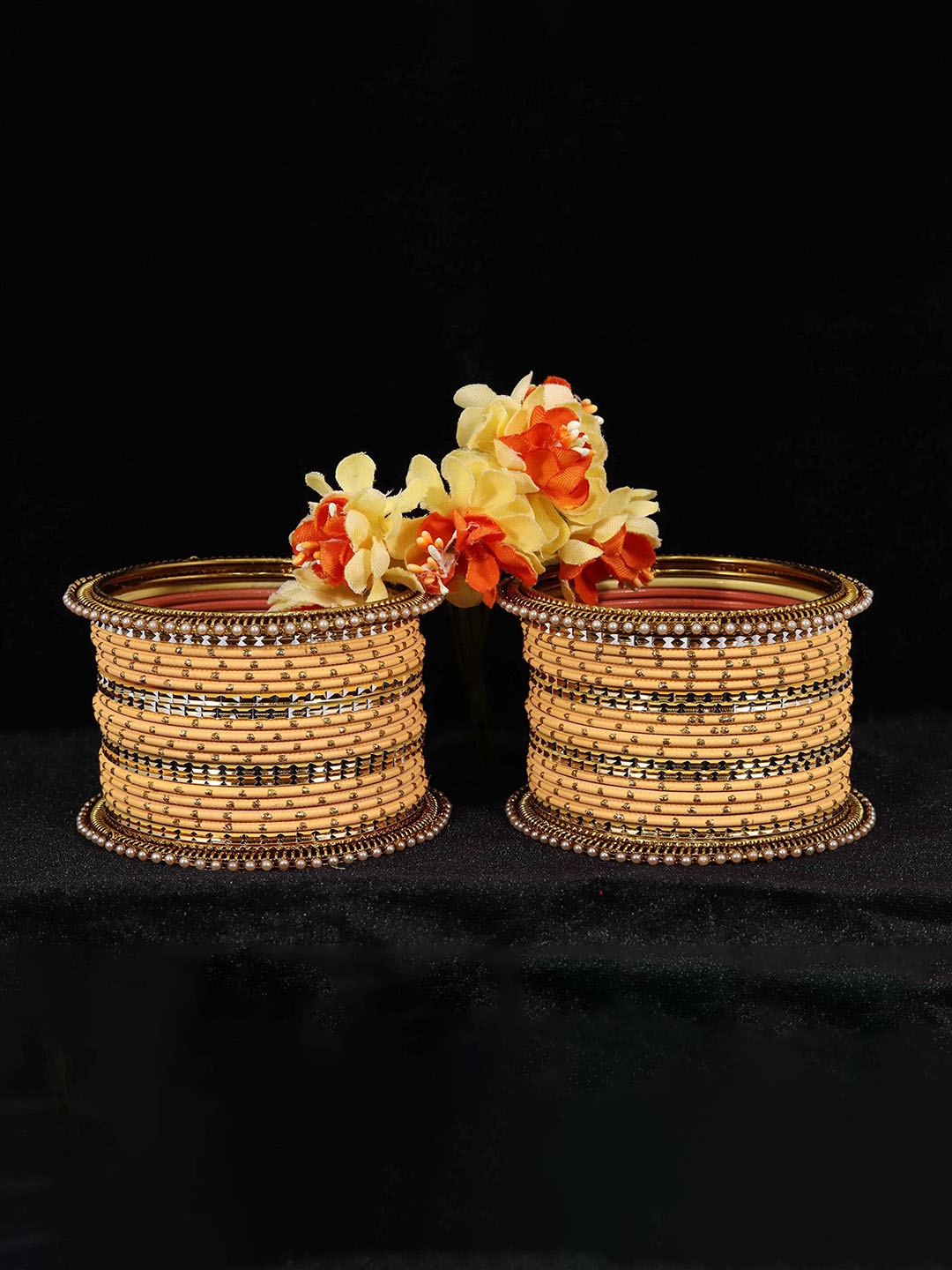 

Set of 34 Traditional Metal Bangles Studded Zircon Diamond Stone & Pearls, Blue