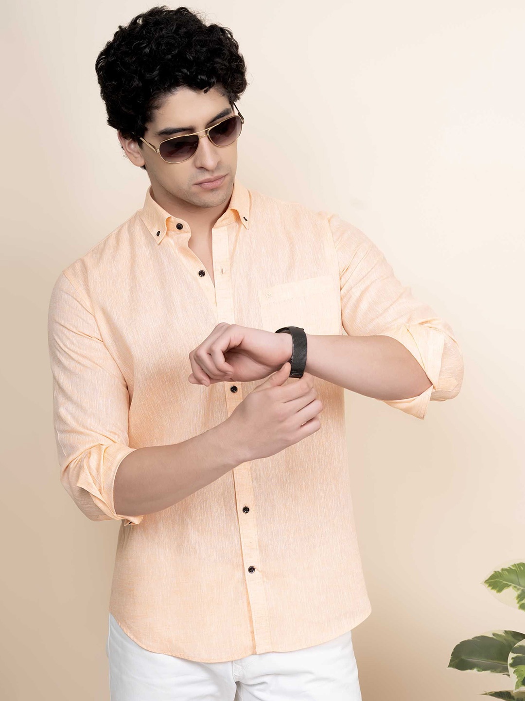 

ALMATY Men Comfort Button-Down Collar Solid Linen Casual Shirt, Yellow
