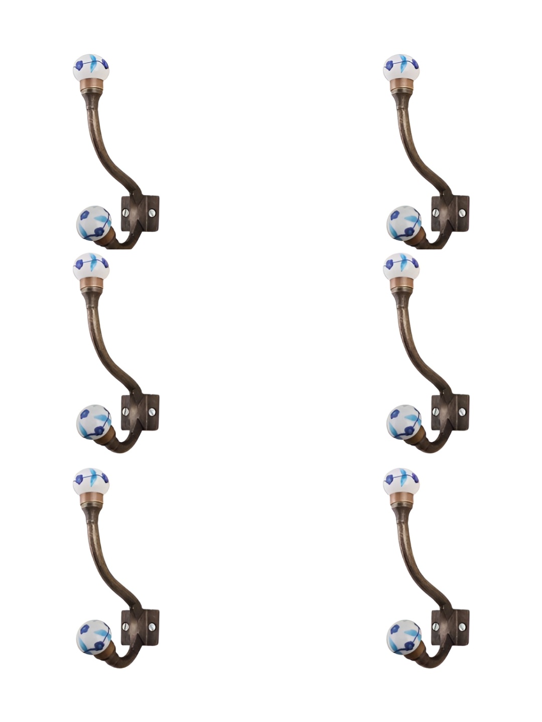 

IndianShelf White & Blue 6 Pcs Leaf Printed Ceramic Wall Hooks