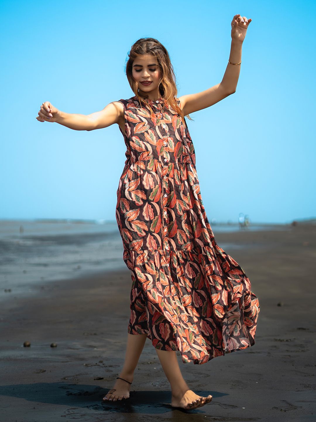 

EARTH O FAB Women Printed A-Line Midi Dress, Brown