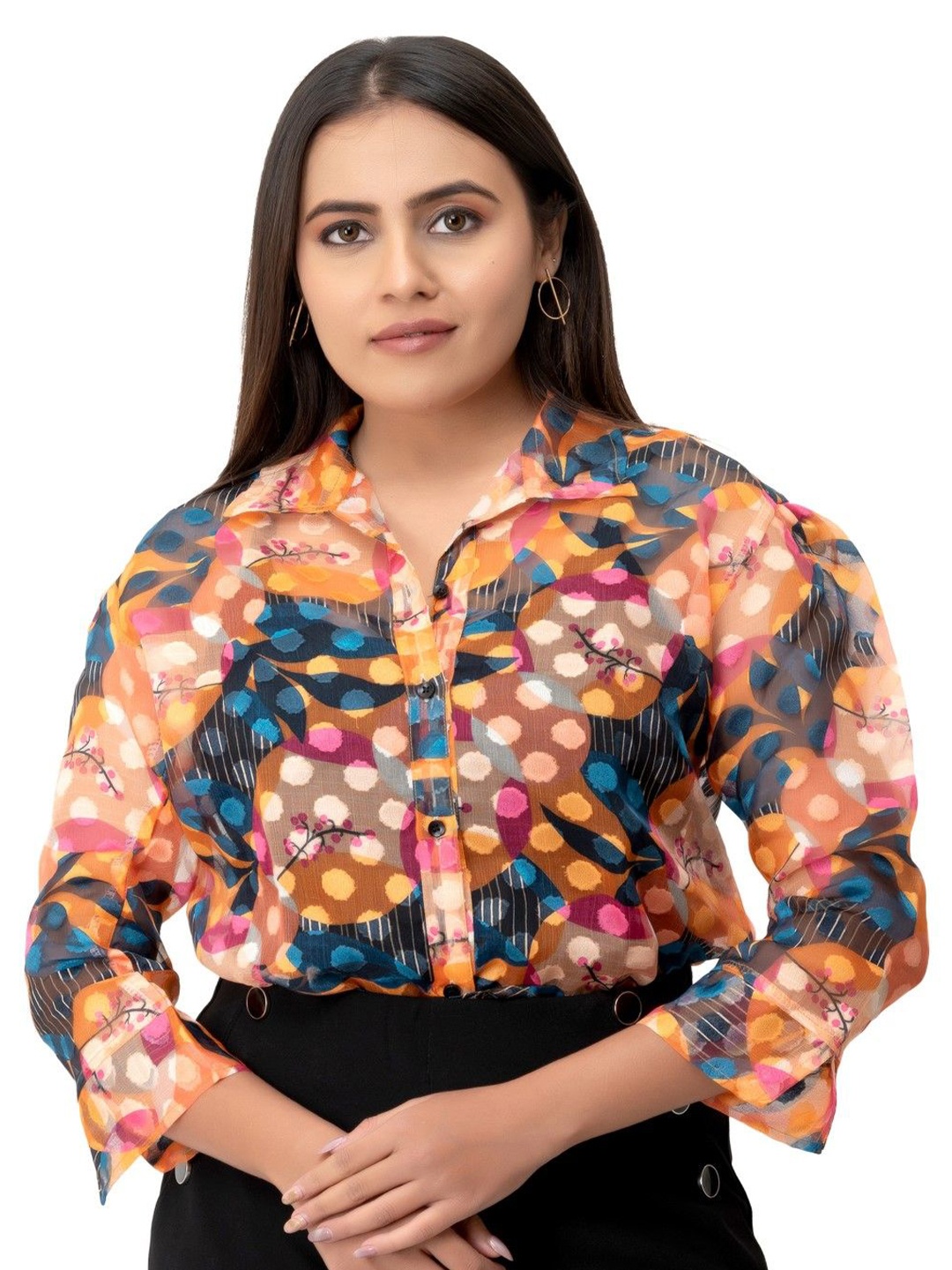 

MatterBlue Women Comfort Fit Abstract Printed Sheer Casual Shirt, Orange