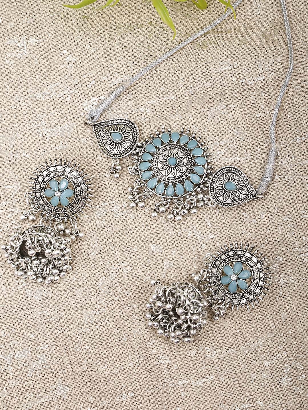 

SUNHARI Oxidized Stone Studded Jewellery Set, Silver