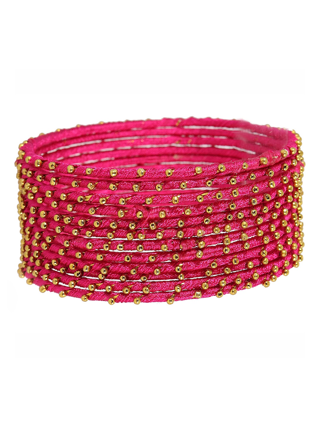 

ZULKA Set of 12 Metal with Silk thread Ball stone Bangle, Pink