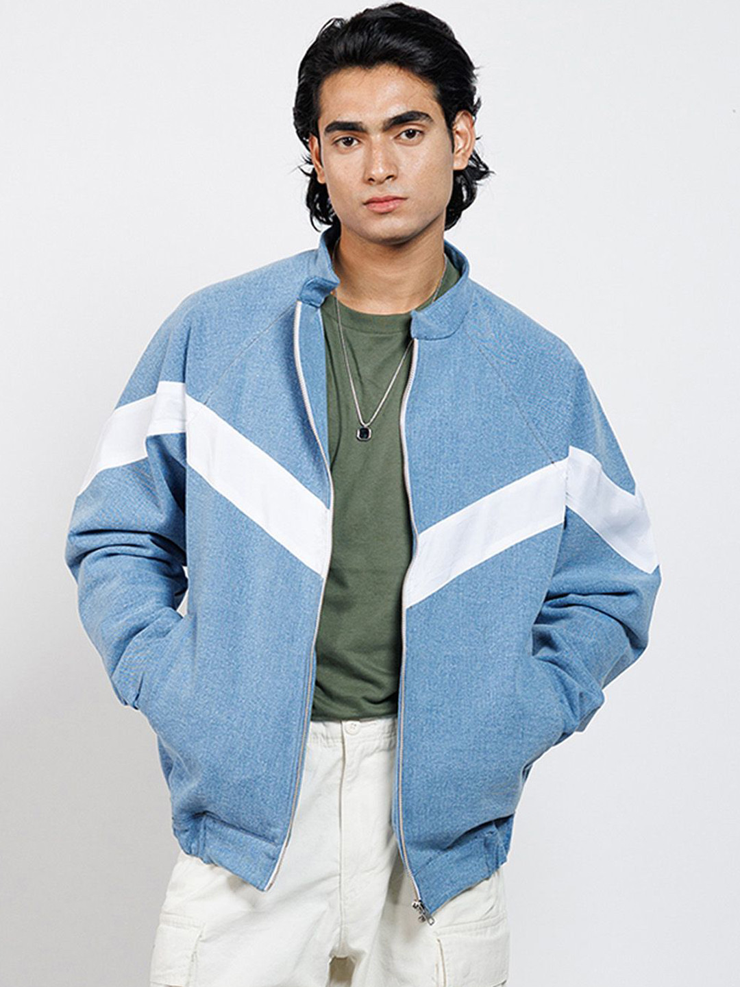 

FIBONACCI Men Colourblocked Cotton Crop Bomber Jacket, Blue