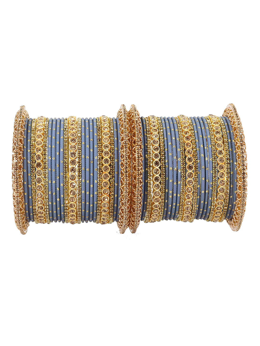 

ZULKA Set of 46 Metal Base and studded with Zircon Gemstone or Zari Dotted Bangles, Peach