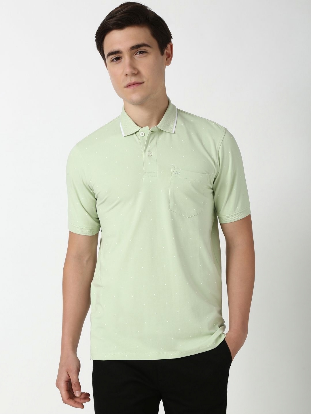 

Peter England Men Geometric Printed Polo Collar Cotton T-shirt, Green