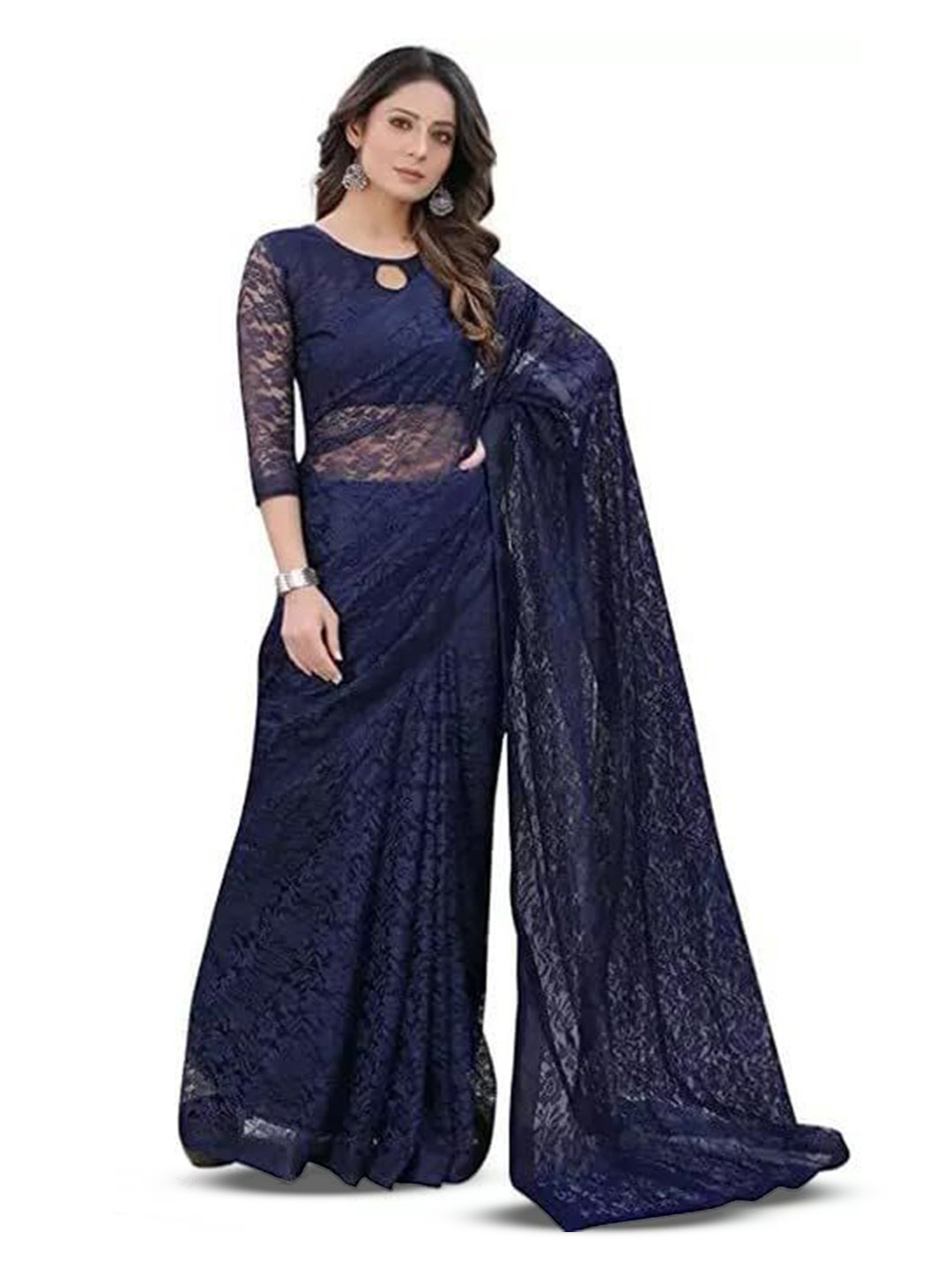 

VRAGI Floral Embroidered Net Saree, Navy blue