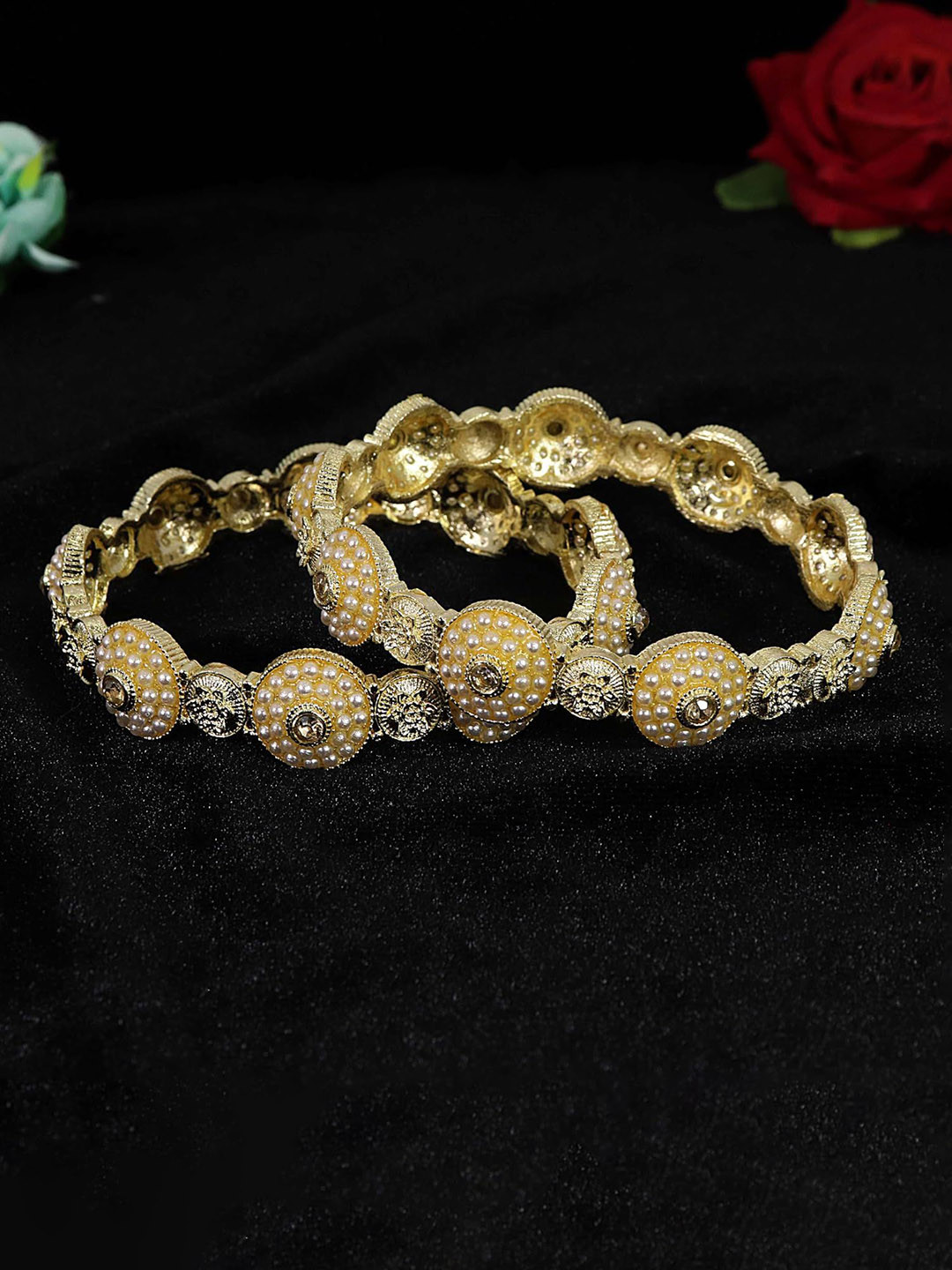 

ZULKA Set of 2 Alloy Base Artificial Stones Enamelled Pacheli Bangles, Gold