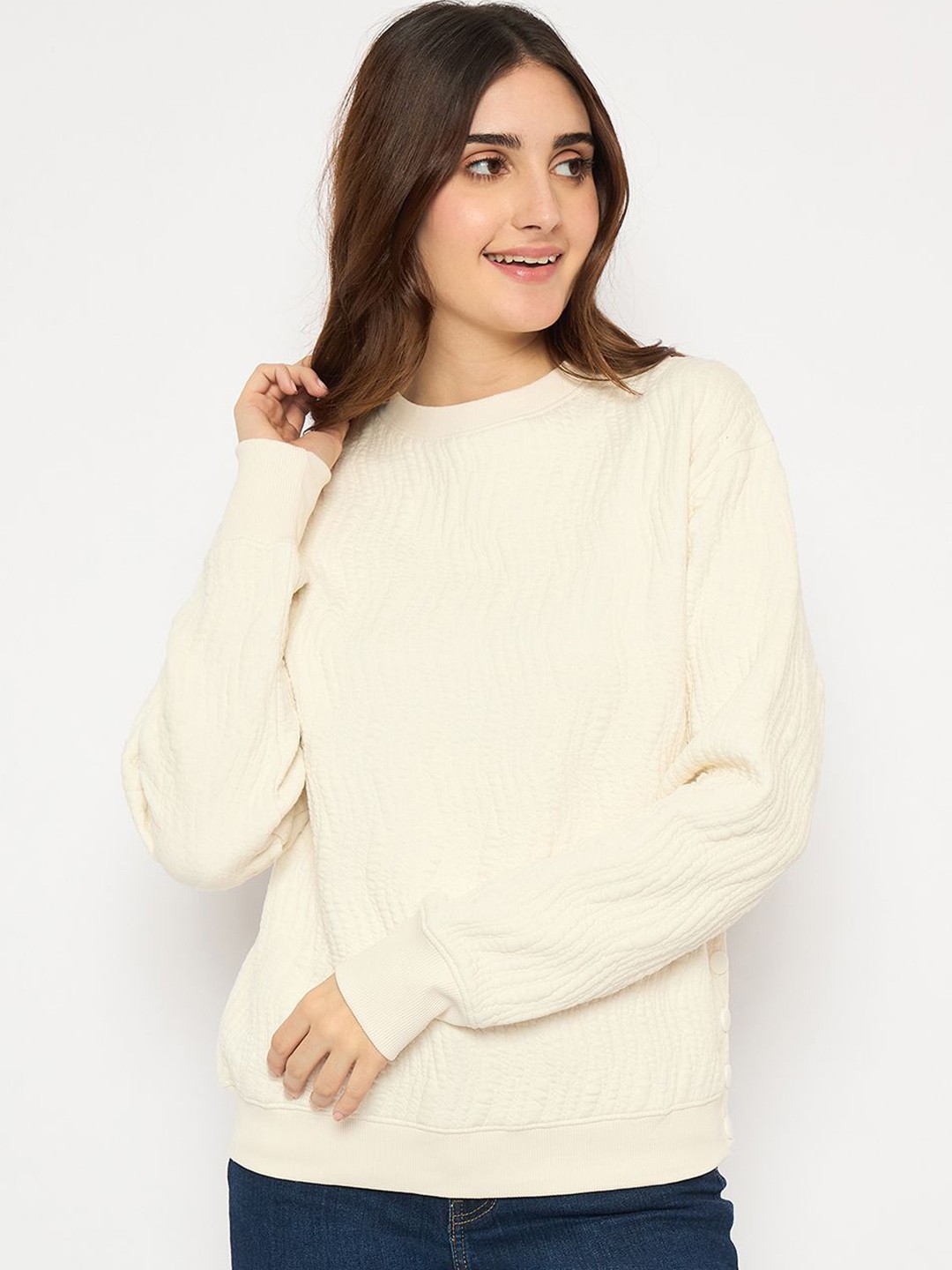 

Madame Women Self Design Pullover Sweatshirt, Off white