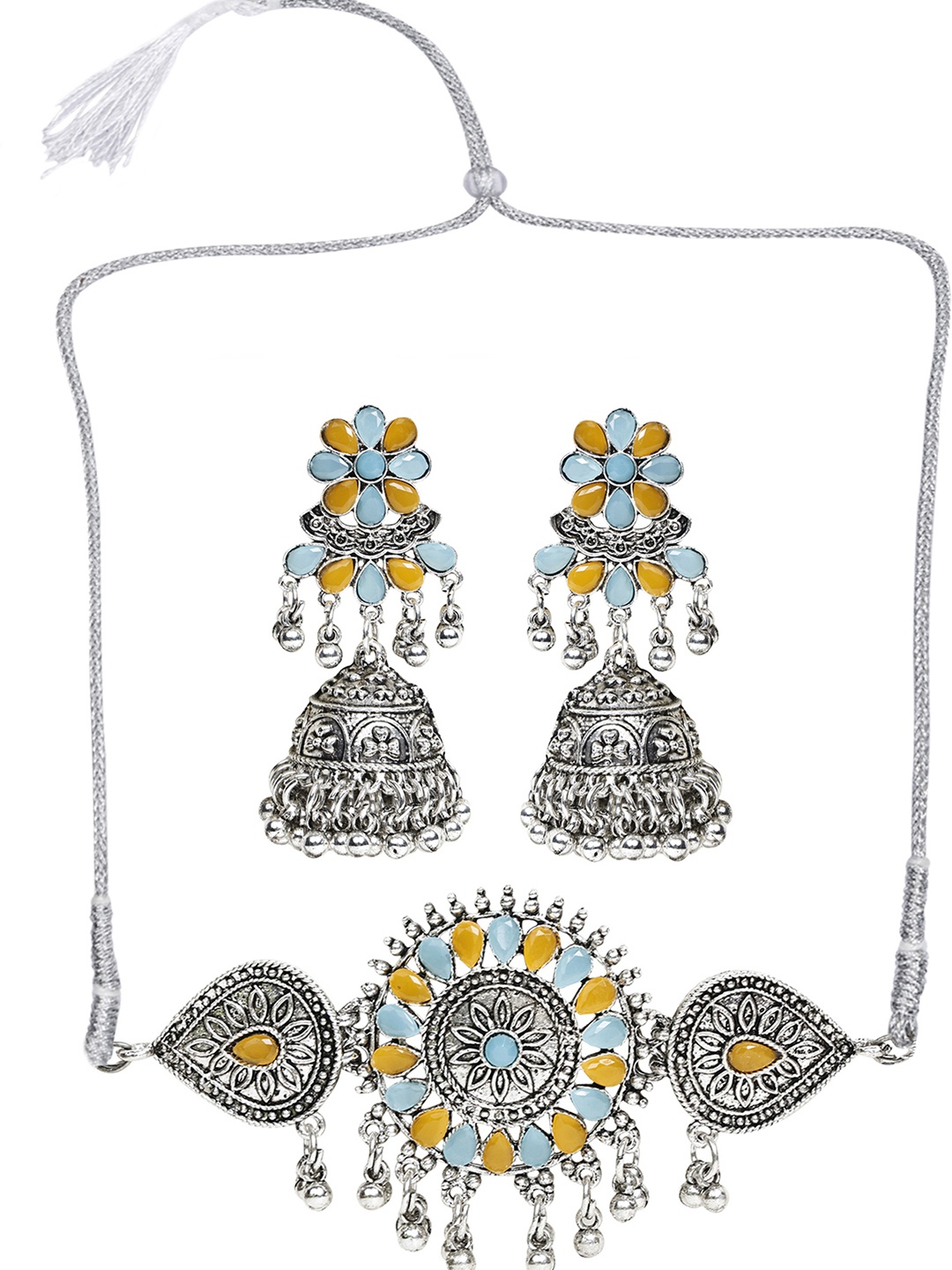 

SUNHARI Silver-plated Oxidised Necklace & Earrings, Yellow