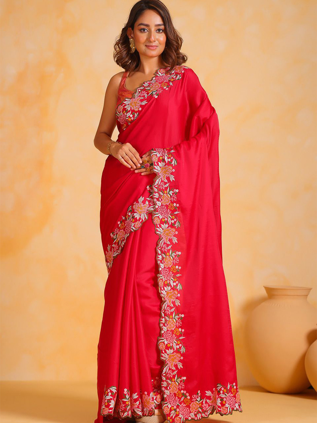 

Anouk Embroidered Silk Blend Saree, Red