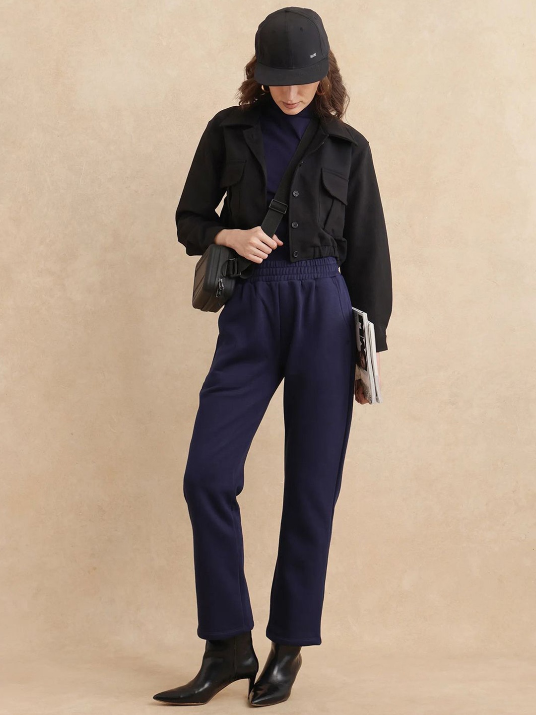 

RAREISM BLUNT Women Pure Cotton Relaxed Fit Trousers, Navy blue