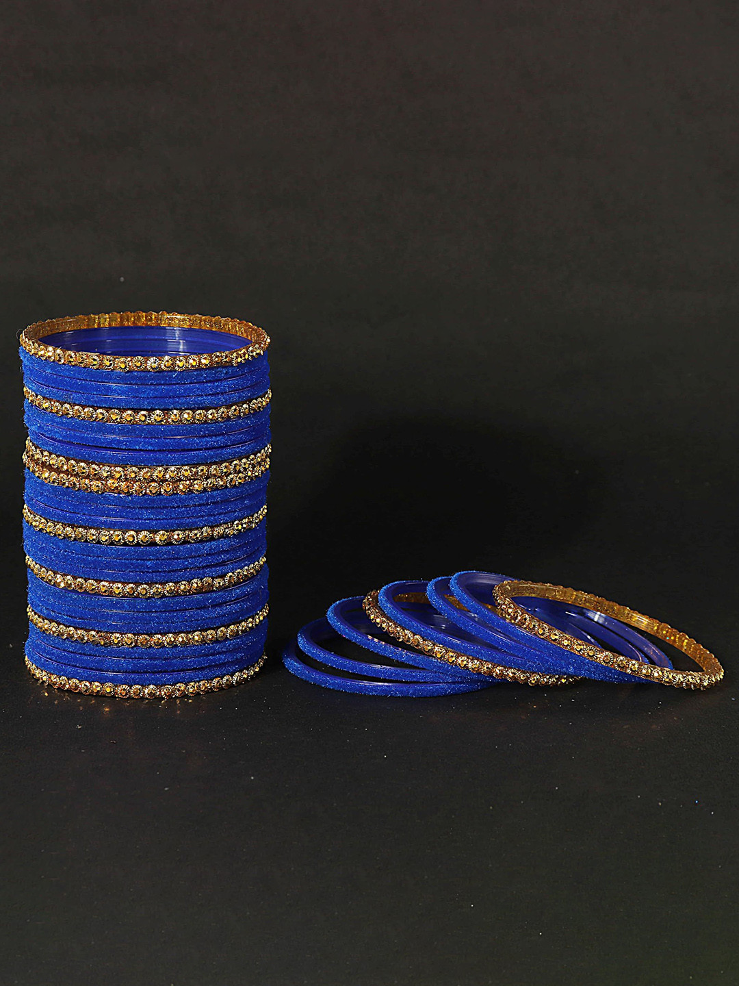 

ZULKA Set of 34 Stylish Golden Beads & Velvet Fancy Glass Bangle, Blue