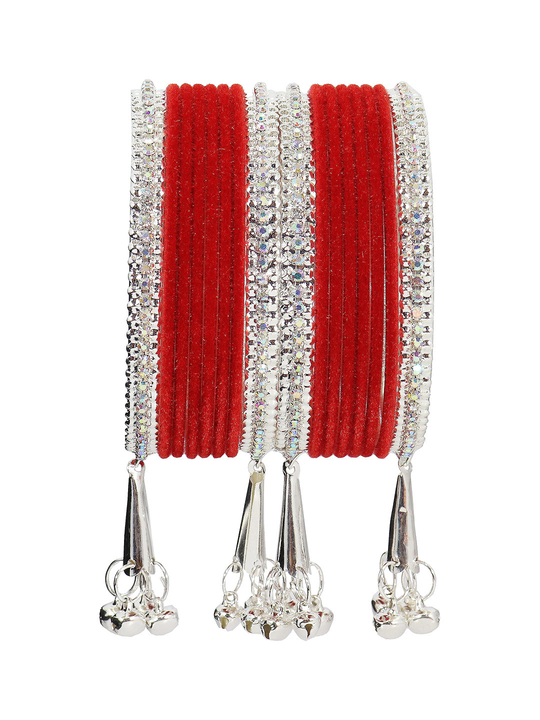 

ZULKA Set of 16 Zircon Stone Studded Velvet Latkan Bangles, Red