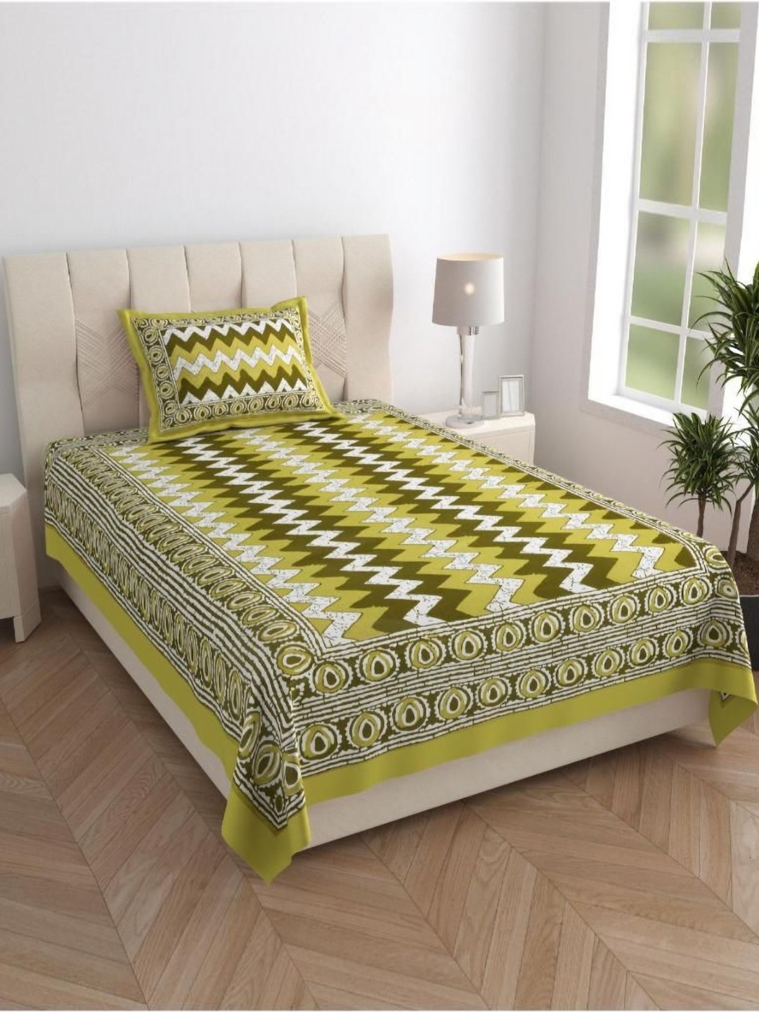 

UNIQCHOICE Green & White Geometric 120 TC Cotton Single Bedsheet Set-2.25 m x 1.50 m