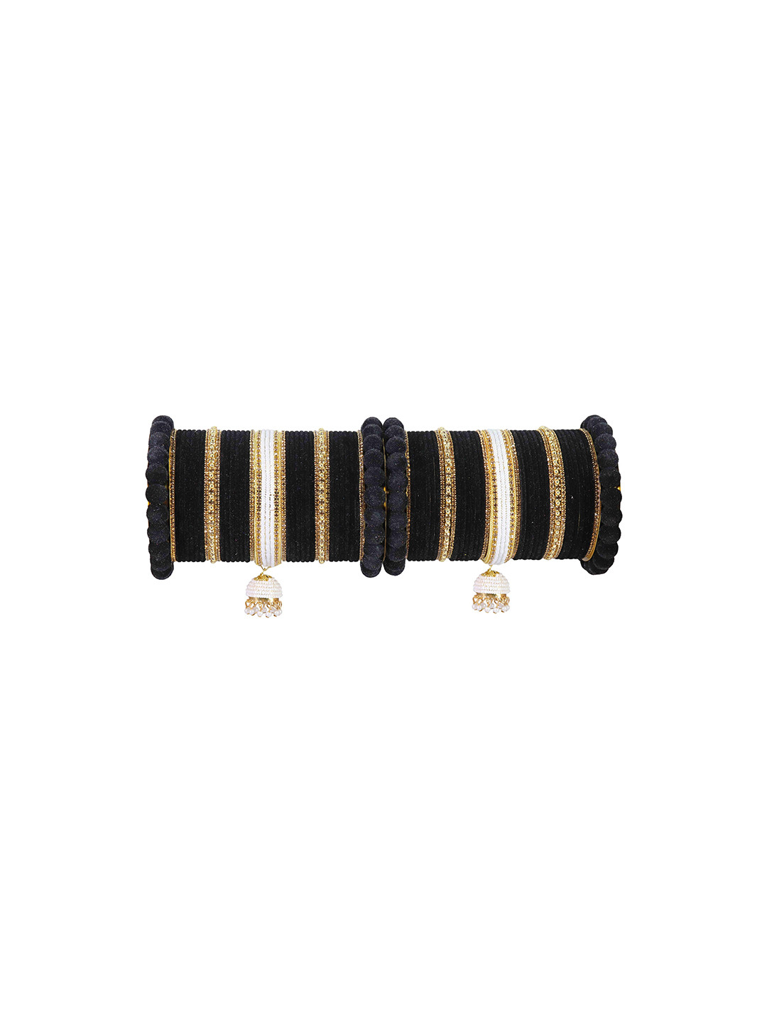 

ZULKA Set Of 70 Black & White Gold-Plated Beads & Stones Studded Bangles